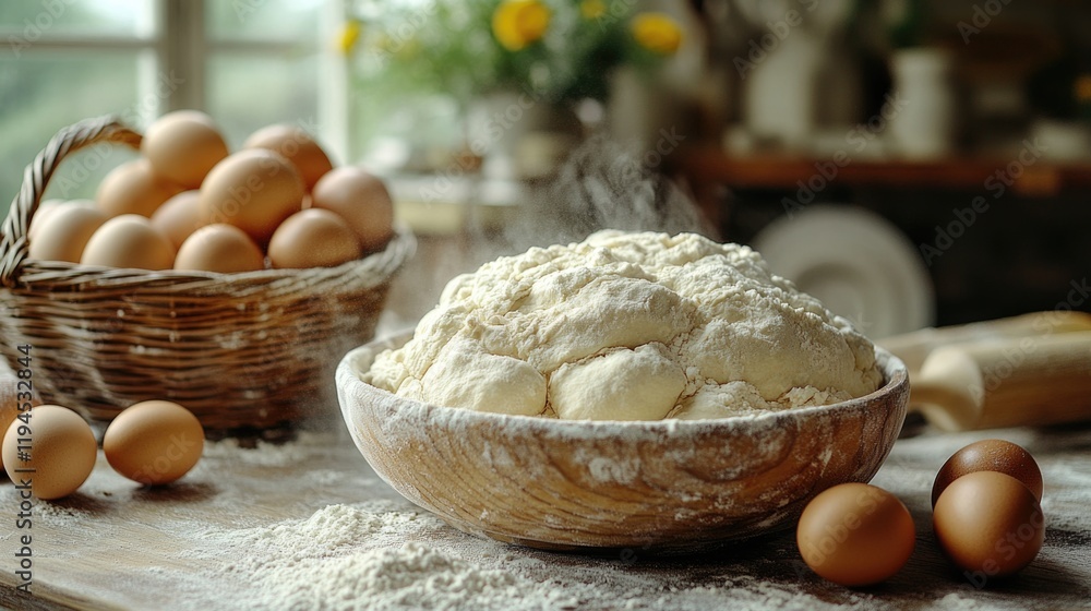 Fototapeta premium Cooking in the kitchen, eggs and dough on the kitchen table.