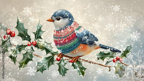 A festive bird adorned with a colorful sweater perched on a holly branch surrounded by delicate snowflakes during winter celebrations photo