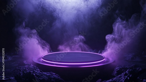 Cylinder flying podium with neon glowing abstract geometric shapes on wall and smoke clouds. Realistic 3d vector illustration of purple and blue luminous hi tech product platform on dark background.