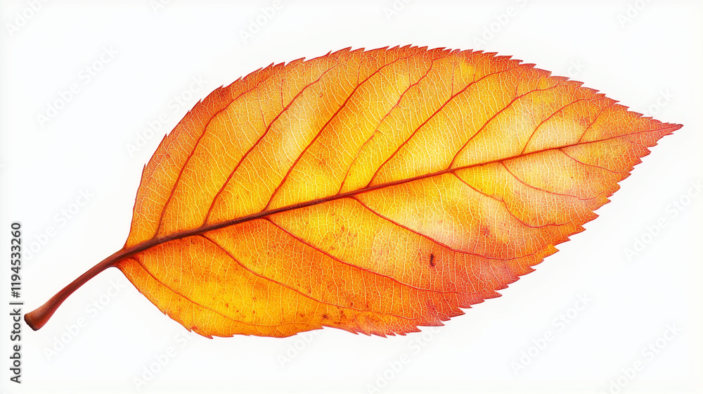 A single, isolated, fall leaf with orange hues and dark veins A single, isolated, fall leaf with orange hues and dark veins