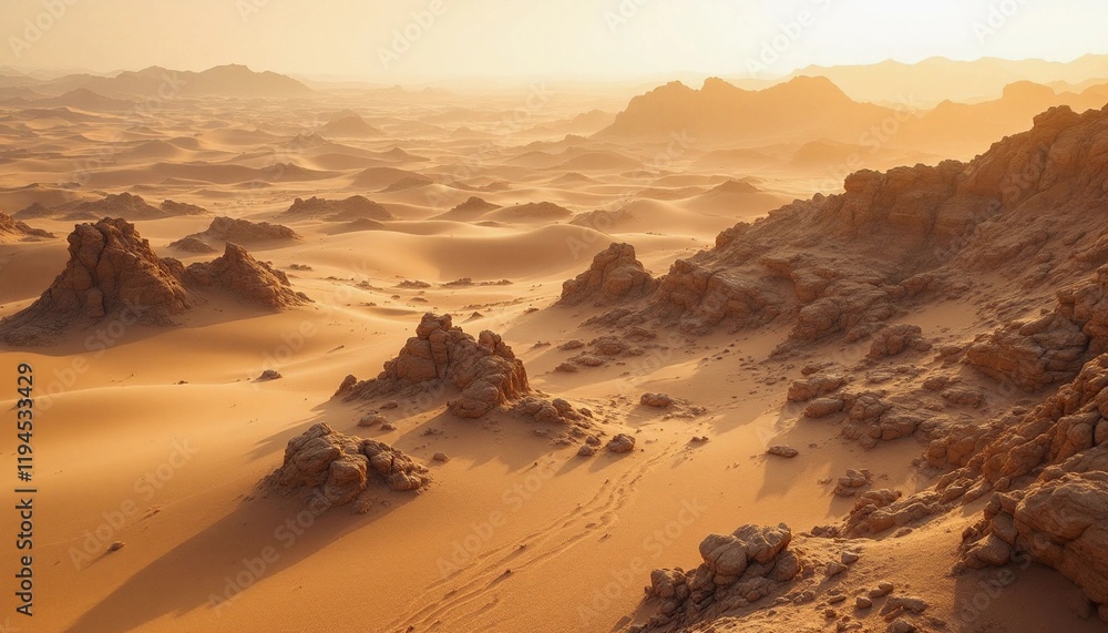 Fototapeta premium Vast arid desert landscape with golden light and rocky formations under the hazy sky