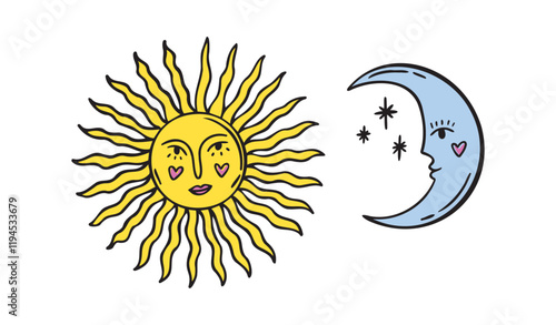 Moon and sun faces, set of beautiful mystical cartoon doodle elements, yellow sunshine and blue crescent cosmic symbols. Sun and moon whimsical boho style