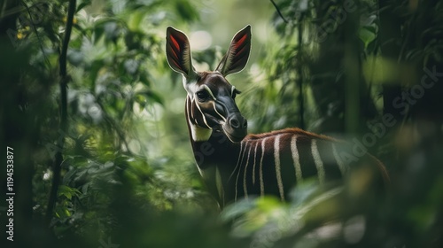 Okapi in dense jungle, nature, wildlife, portrait photo