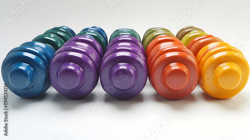 a row of colorful plastic knobs photo