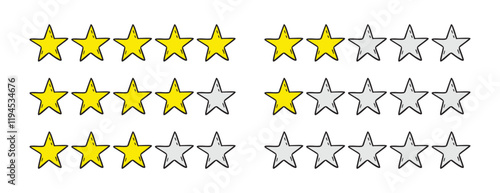 Rating 1, 2, 3, 4, 5 stars doodle icon set. Gold star one, two, three, four, five hand drawn icon set. variable isolated stars rating