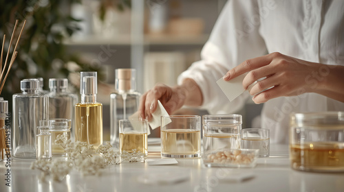 A behind-the-scenes view of a perfumer testing scent combinations with paper blotters, surrounded by glass containers filled with various fragrance ingredients.