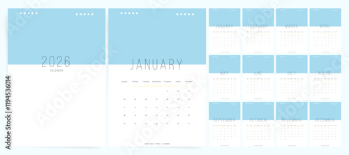 Clean Calendar 2026, Calendar 2026 Sunday Start Minimal Blue Corporate Design Template
