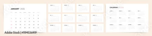 Calendar 2026 Sunday Start Minimal Corporate Design Template of Clean Calendar for 2026 Year.
 photo