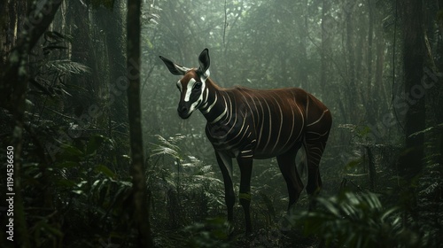 Okapi in misty African forest; wildlife conservation photo