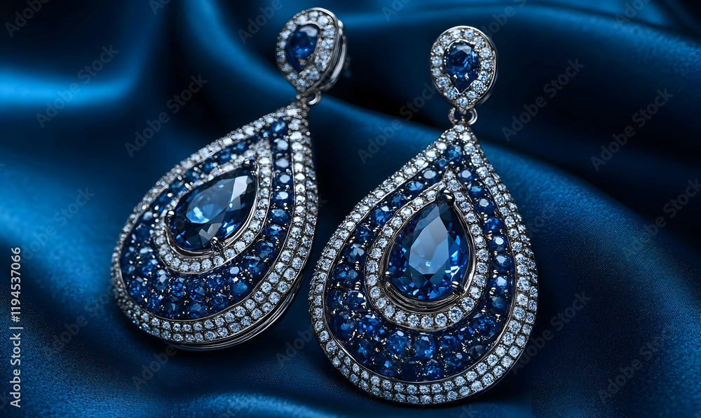 Obraz premium Sapphire earrings, silk, jewelry, luxury, display, product, photography, fashion, advertisement, blue