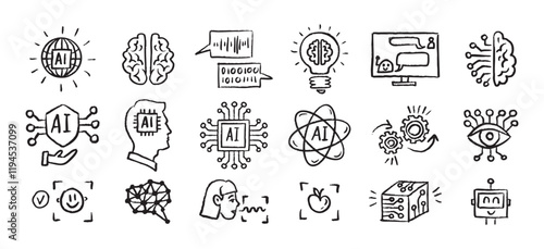 Artificial Intelligence Icons grunge chalk hand drawn doodle Brush set. Outline AI drawing crayon 
