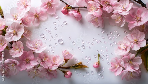 白色の背景とピンク色の桜の花びらのフレーム背景素材。コピースペースあり。AIで生成	