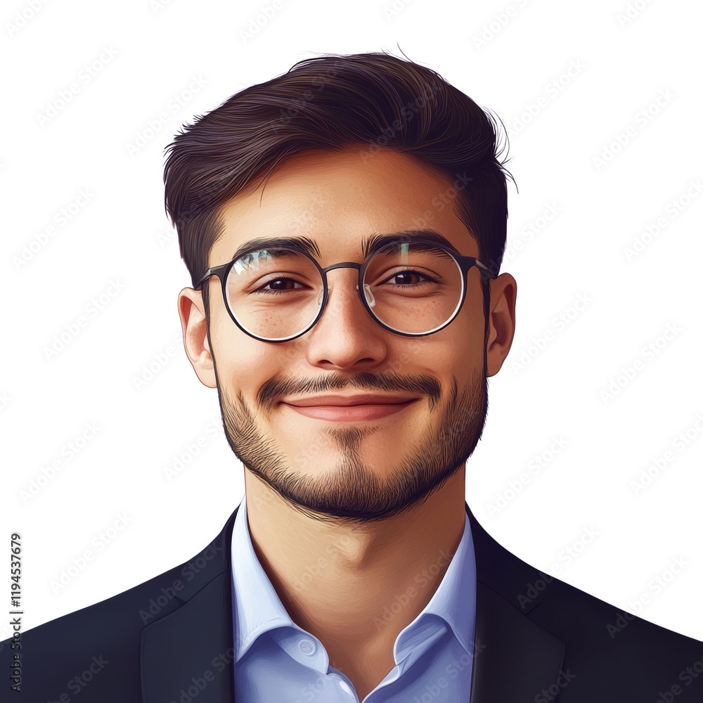 A digitally painted portrait of a young man wearing glasses and a suit, smiling warmly at the camera. A digitally painted portrait of a young man wearing glasses and a suit, smiling warmly at the camera.