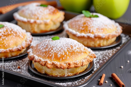 ​National Pie Day. Freshly baked mini apple pies with powdered sugar.