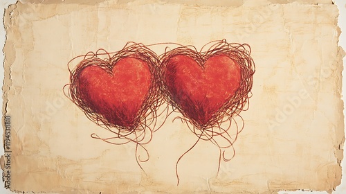 Entangled hearts, vintage paper, love, art print