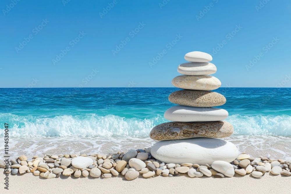 Fototapeta premium Tranquil beach scene with smooth pebbles and gentle waves coastal shoreline landscape photography sunny day peaceful concept