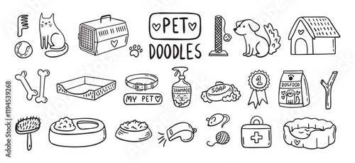 Pet Cat and Dog doodle hand drawn set elements. Pet stuff drawing isolated icons