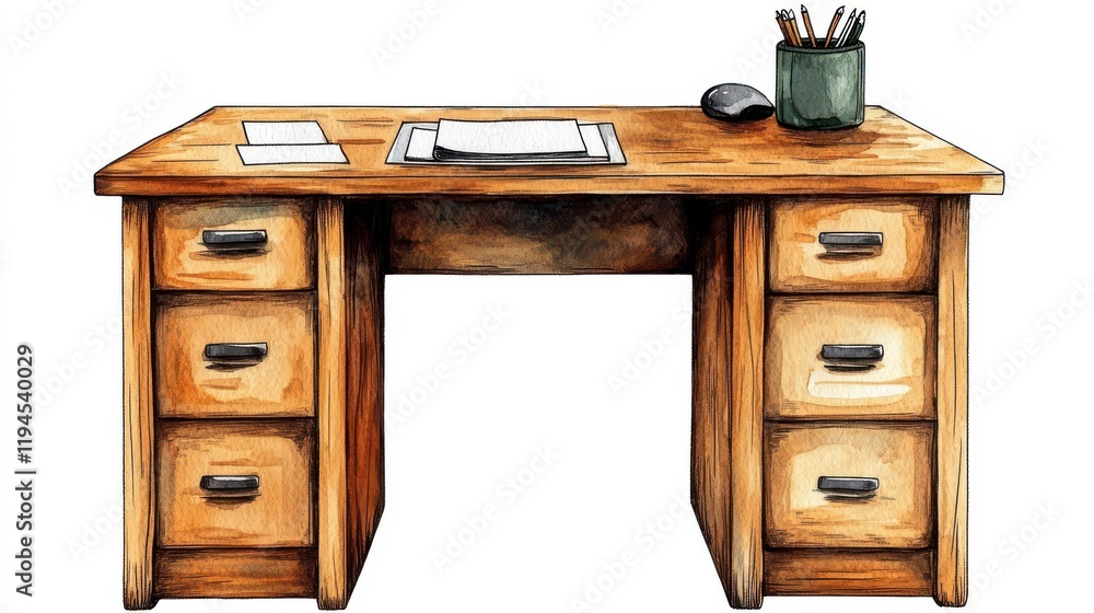 Wooden Desk with Drawers and Stationery for Creative Workspace Wooden Desk with Drawers and Stationery for Creative Workspace