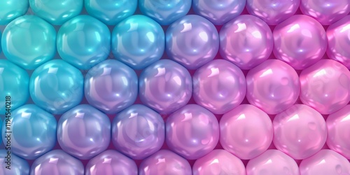 Bubble Wrap Appreciation Day. Macro close-up of bubble wrap with shiny, iridescent blue and pink spheres in a repetitive pattern.