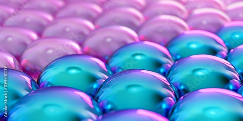 Bubble Wrap Appreciation Day. Macro close-up of bubble wrap with shiny, iridescent blue and pink spheres in a repetitive pattern.