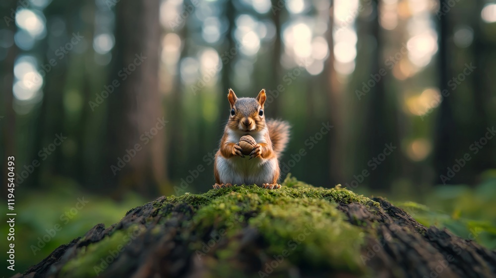 Fototapeta premium Squirrel Appreciation Day. A squirrel sitting on a moss-covered log, holding an acorn in a softly lit forest environment.