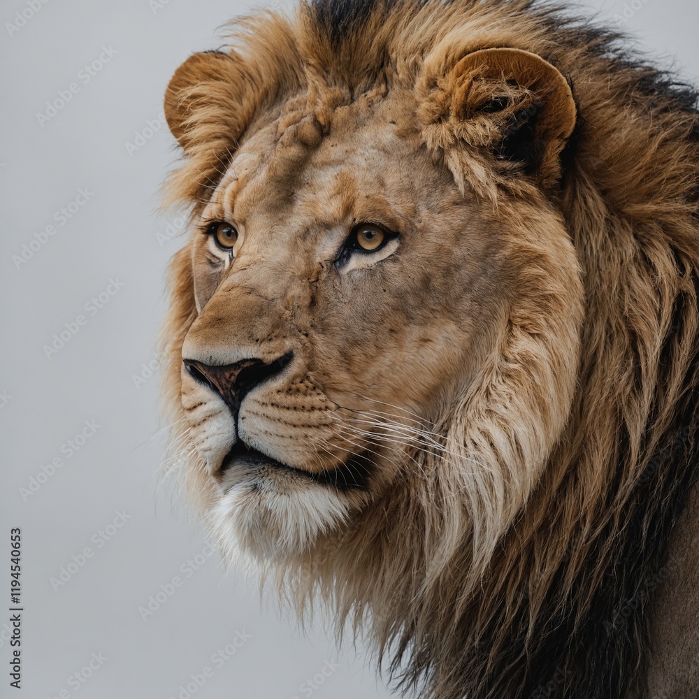 Obraz premium A lion in a protective stance, white background.