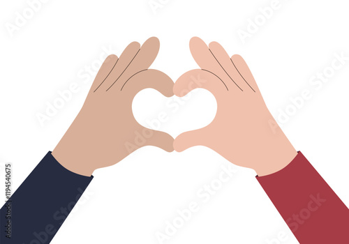 Hands in the shape of a heart. Symbol of love and unity. Male hand and female hand. Vector illustration. Minimalistic design on a white background, perfect for romantic themes