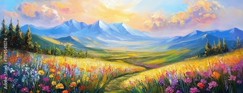 Abstract oil painting of spring flowers field on hills with mountains on background