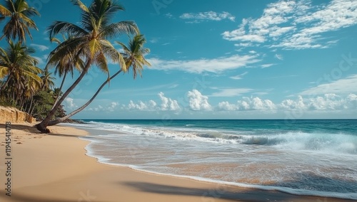 Wallpaper Mural Tropical beach with palm trees- blue water waves- sand and sky. Beautiful landscape- scenery of deserted ocean shore. Theme of nature- summer- vacation- travel and paradise Torontodigital.ca