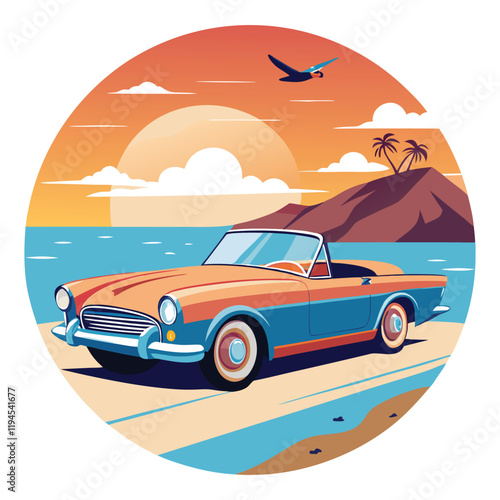 Retro convertible car on beach sunset, vector illustration, travel poster design