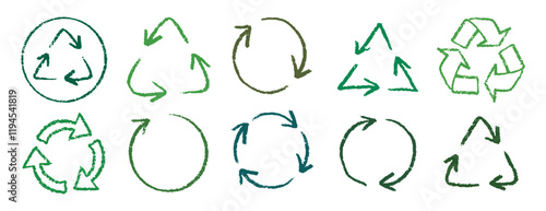 Recycle arrow hand drawn pencil line icon set. Crayon green recycle arrow chalk Icon Vector drawing