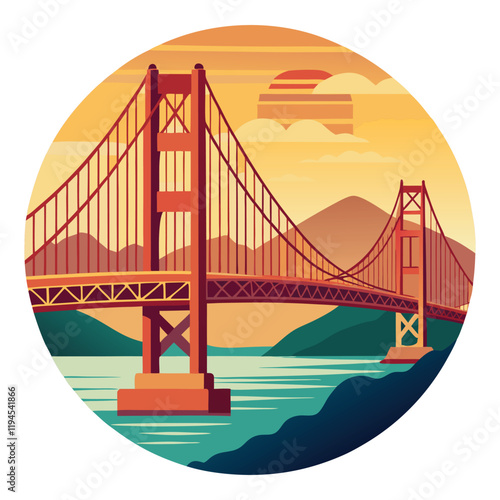 Golden Gate Bridge at Sunset, vector illustration, perfect for travel posters