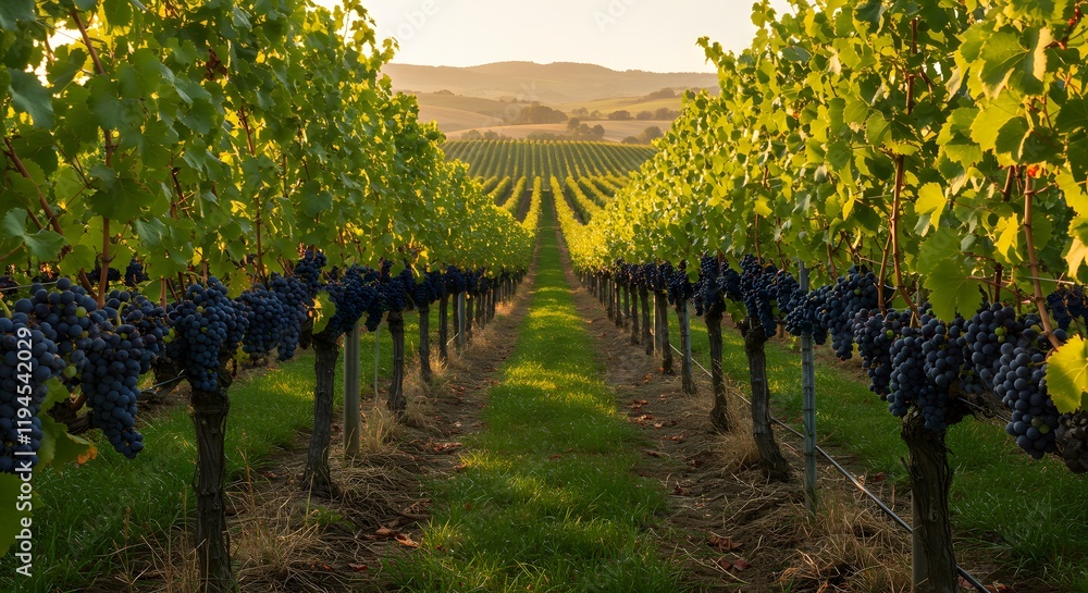 Naklejka premium A picturesque vineyard with grapes hanging on vines in soft, golden light.