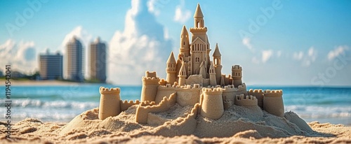 Grand intricate sandcastle on the beach during a summer day with a blured city backdrop