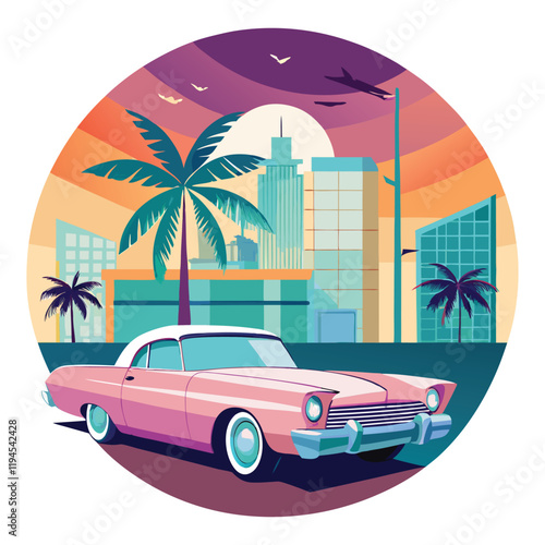 Retro car with cityscape vector illustration in vibrant colors, symbolizing nostalgia
