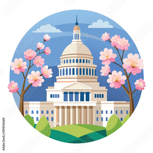 Capitol Building with Cherry Blossoms, vector illustration, Washington DC symbolism