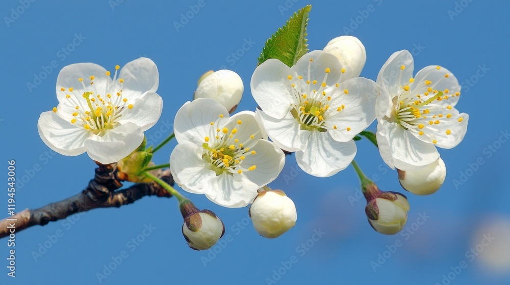 Obraz premium Cherry blossoms bloom vibrantly against a bright blue sky, signaling the arrival of spring and the awakening of nature's beauty. Each petal shines, captivating hearts and minds alike