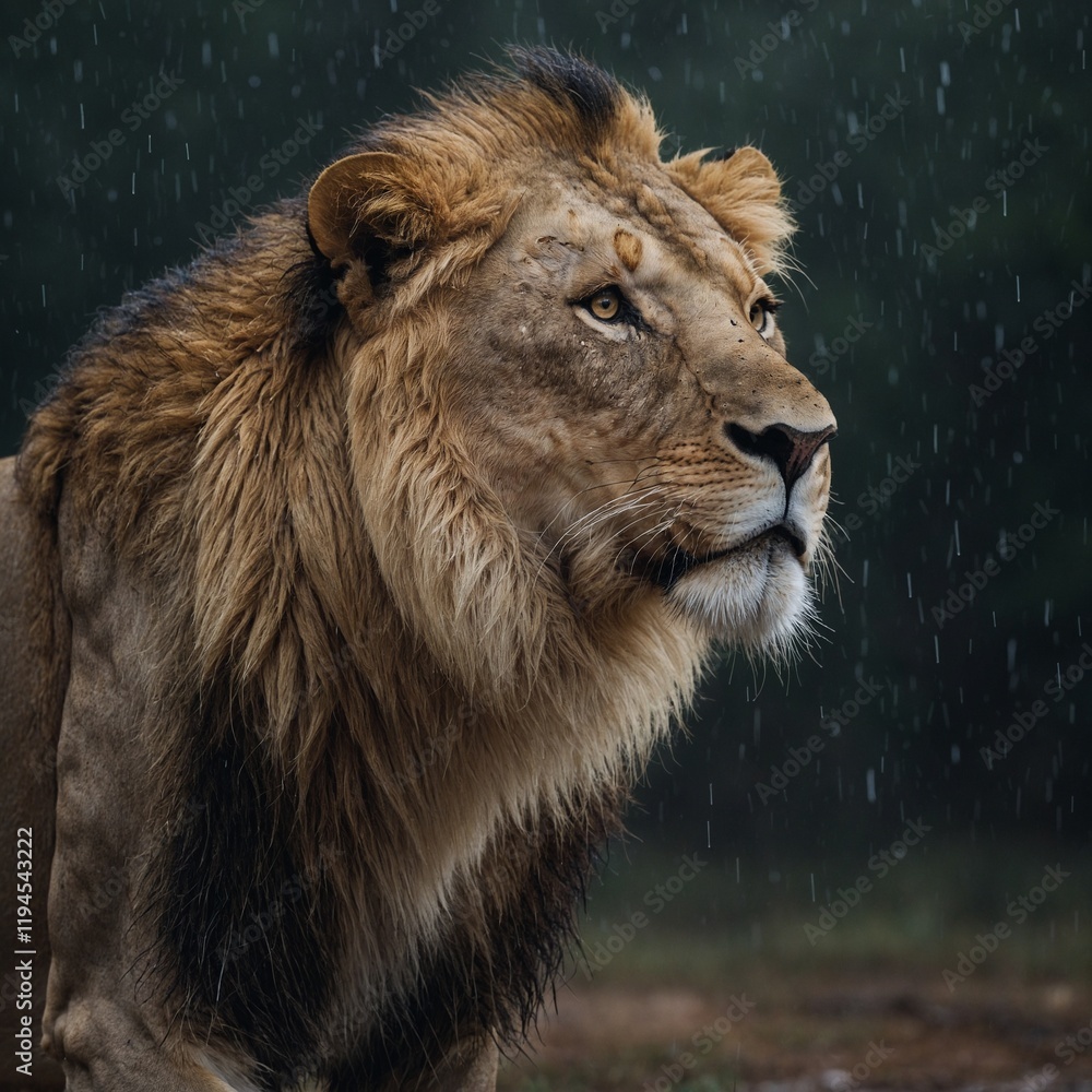 Obraz premium A lion standing in the rain, white background.