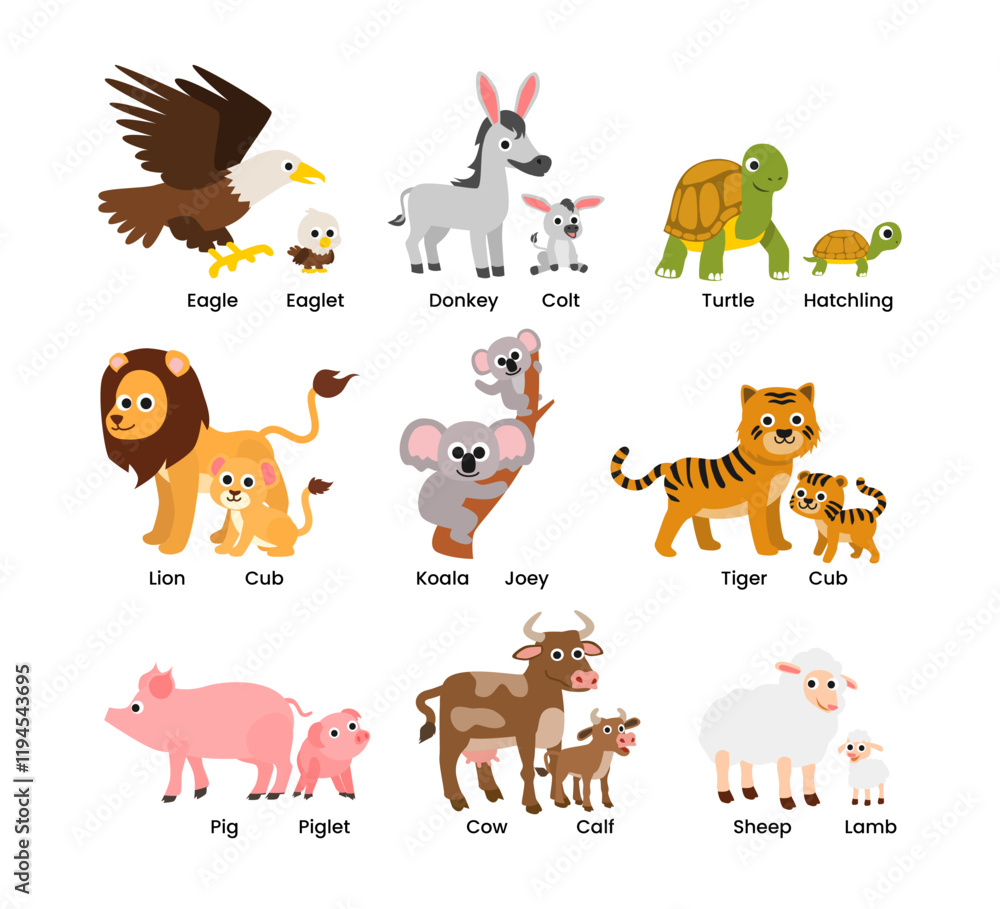 Obraz premium rawSet of Cute animals mom and baby cartoon set collection poster education, parent and baby animal couples set eagle, eaglet, donkey, colt, lion, cub, pig, piglet, cow, calf, sheep, lamb.