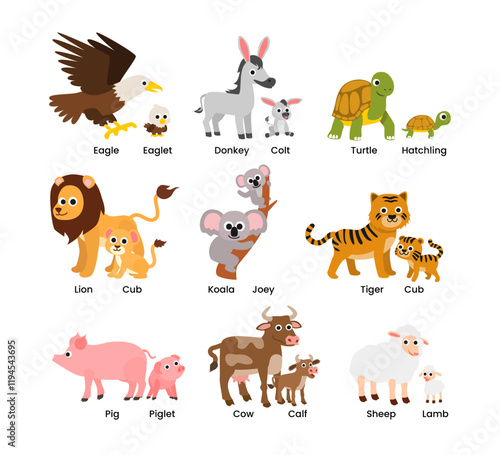 rawSet of Cute animals mom and baby cartoon set collection poster education, parent and baby animal couples set eagle, eaglet, donkey, colt, lion, cub, pig, piglet, cow, calf, sheep, lamb.