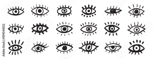 Grunge eyes hand drawn doodle icon set. Open black eyes with bold line. Monochrome eye element