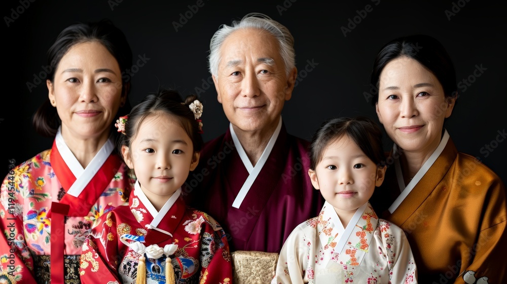 A multigenerational Korean family in traditional clothing posing for a formal portrait. A multigenerational Korean family in traditional clothing posing for a formal portrait.