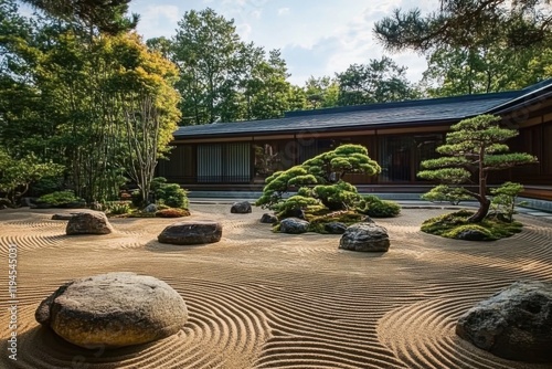 A serene Japanese Zen garden featuring meticulously raked sand creating ripple patterns surrounding smooth- rounded stones. Bonsai trees and tranquil backdrop.
