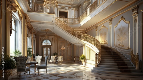 Grand Staircase, Palace Lobby, Sunlight, Interior Design photo