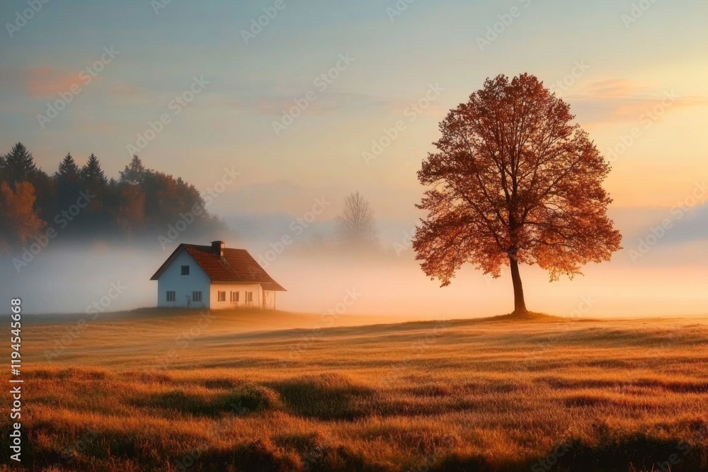 A serene photo captured a breathtaking autumn landscape with a house and solitary tree standing tall amidst foggy fields A serene photo captured a breathtaking autumn landscape with a house and solitary tree standing tall amidst foggy fields