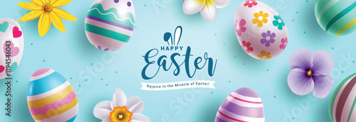 Happy easter greeting clipart banner. Easter egg hunt celebration clip art with 3d eggs and flowers decoration elements for greeting card holiday background. Vector illustration seasonal banner. 
