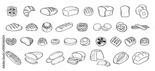 Bread different types hand drawn doodle outline icon set. Bread engraving, line art. Wheat products, baked goods, bakery