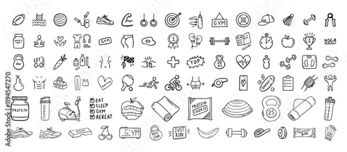 Fitness, sport and health icons doodle hand drawn set. Healthy lifestyle isolated symbols