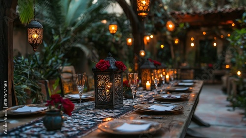 Elegant outdoor dining with soft lighting.