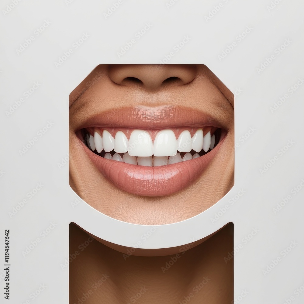 Naklejka premium A close-up of a woman's perfect white smile with natural, glossy lips. Dental health, beauty, and confidence concept
